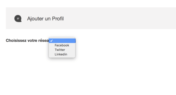 Ajout de comptes Facebook, Twitter, LinkedIn sur Komunity Booster Visuel ajout de comptes Social Media Facebook, Twitter, LinkedIn sur Komunity Booster