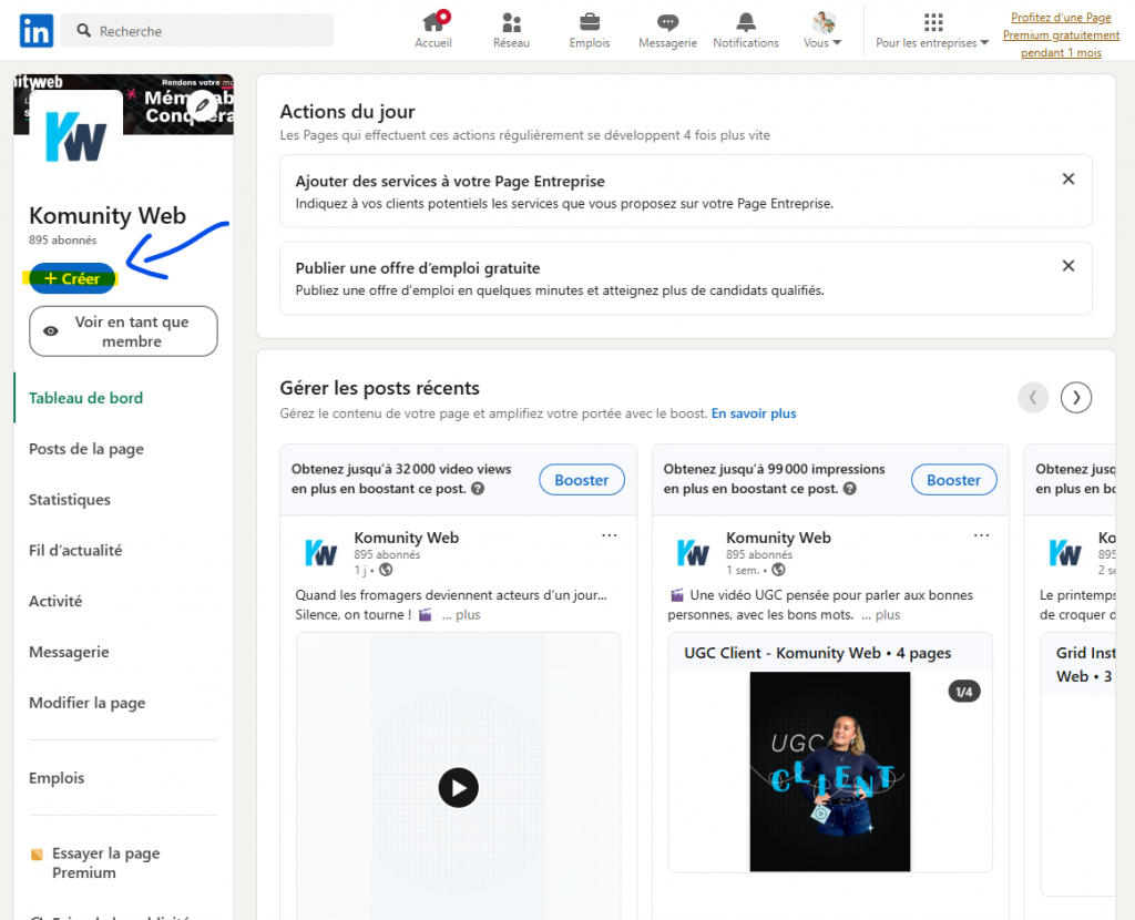 Bouton créer sur page entreprise LinkedIn