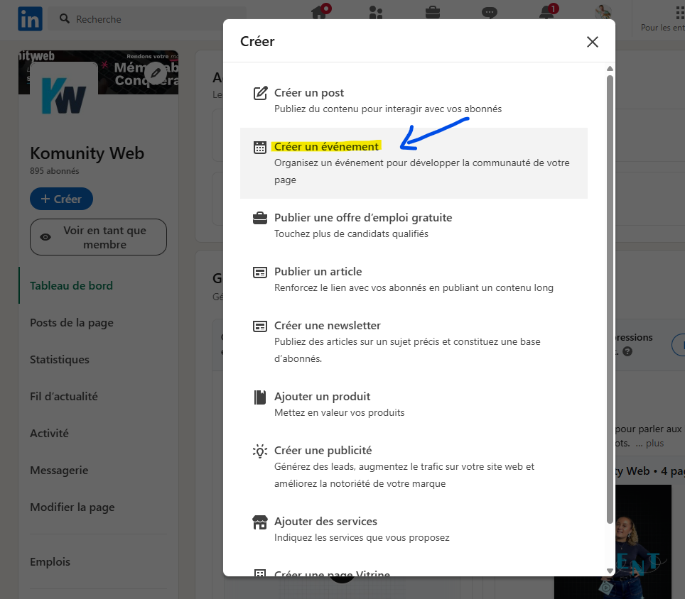 Bouton créer un événement avec LinkedIn Events depuis page entreprise