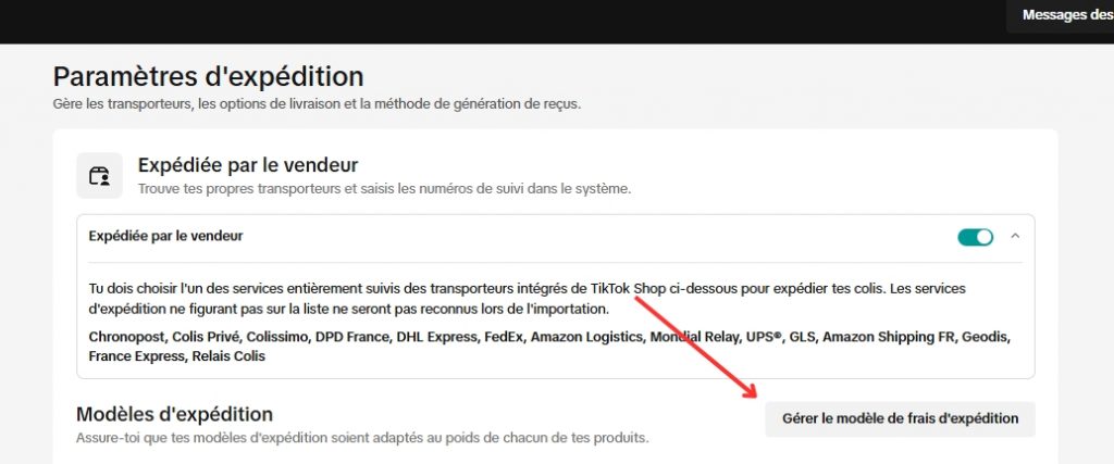 Onglet paramètres d'expédition