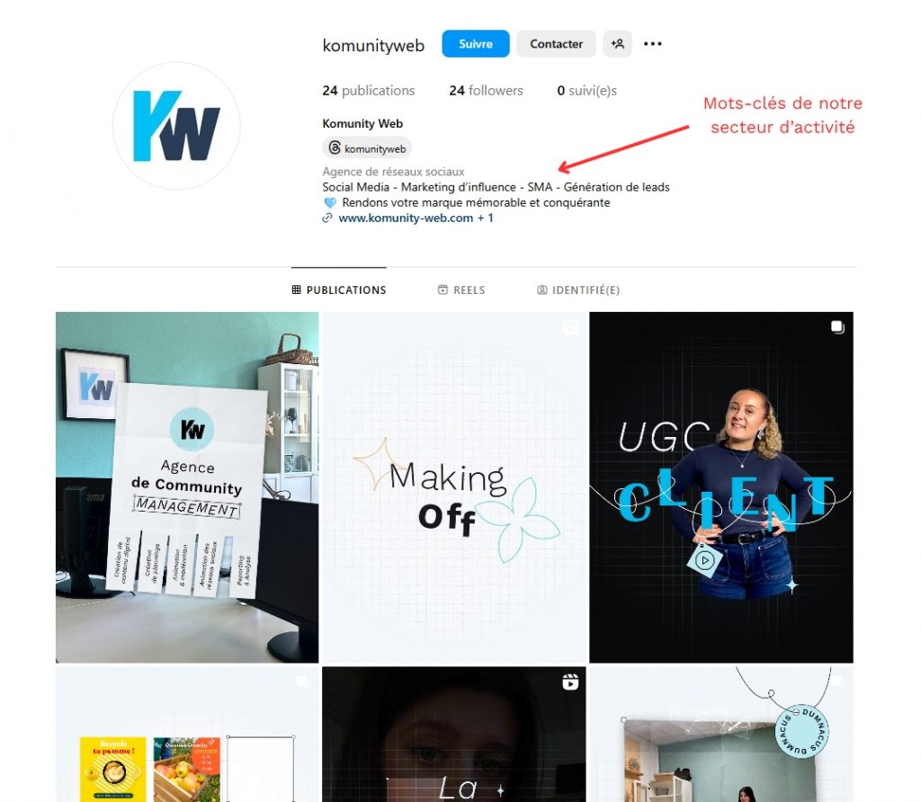 Mots-clés en lien avec l'activité de notre agence en bio Instagram pour référencer le compte Instagram sur Google