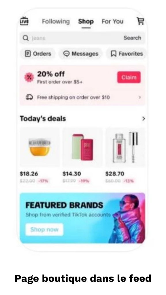 Page boutique de TikTok Shop accessible dans un nouveau fil d'actualité