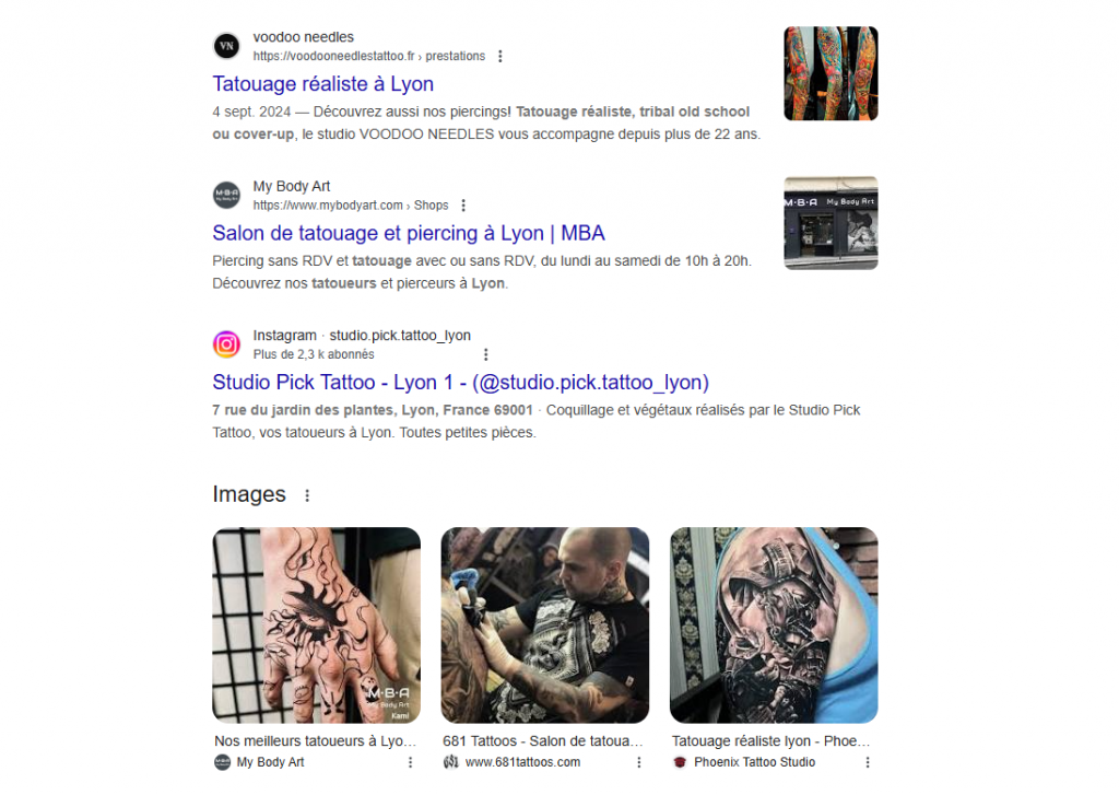 Résultats Google avec un compte Instagram pour une recherche de tatoueur à Lyon
