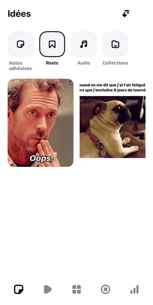 Onglet idée de l'application Edits avec Reels enregistrés