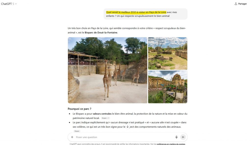 preuve de citation dans ChatGPT obtenu par l'agence Stafe pour le meilleur Zoo des Pays de la Loire