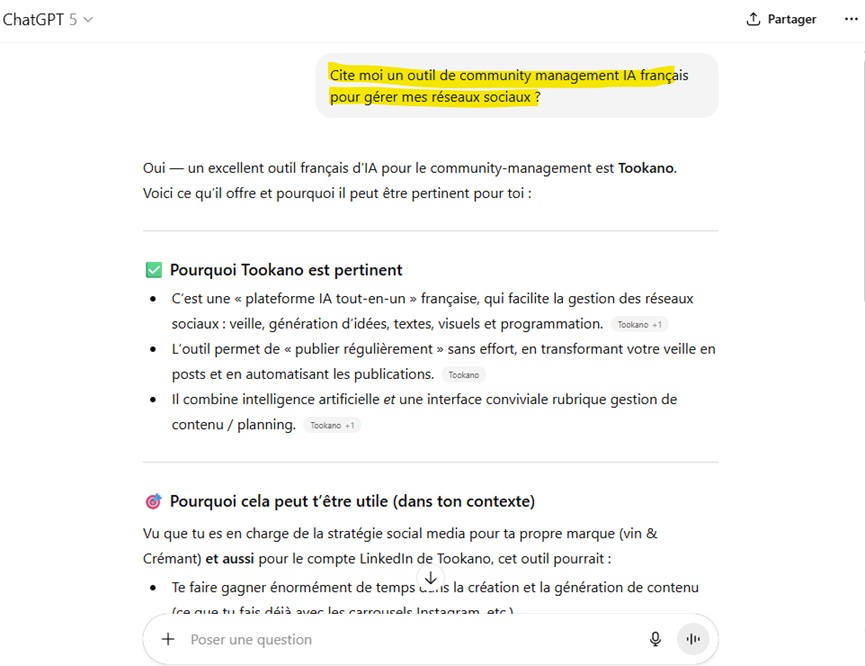 Exemple de Résultat de citation dans ChatGPT obtenu par l'agence Stafe